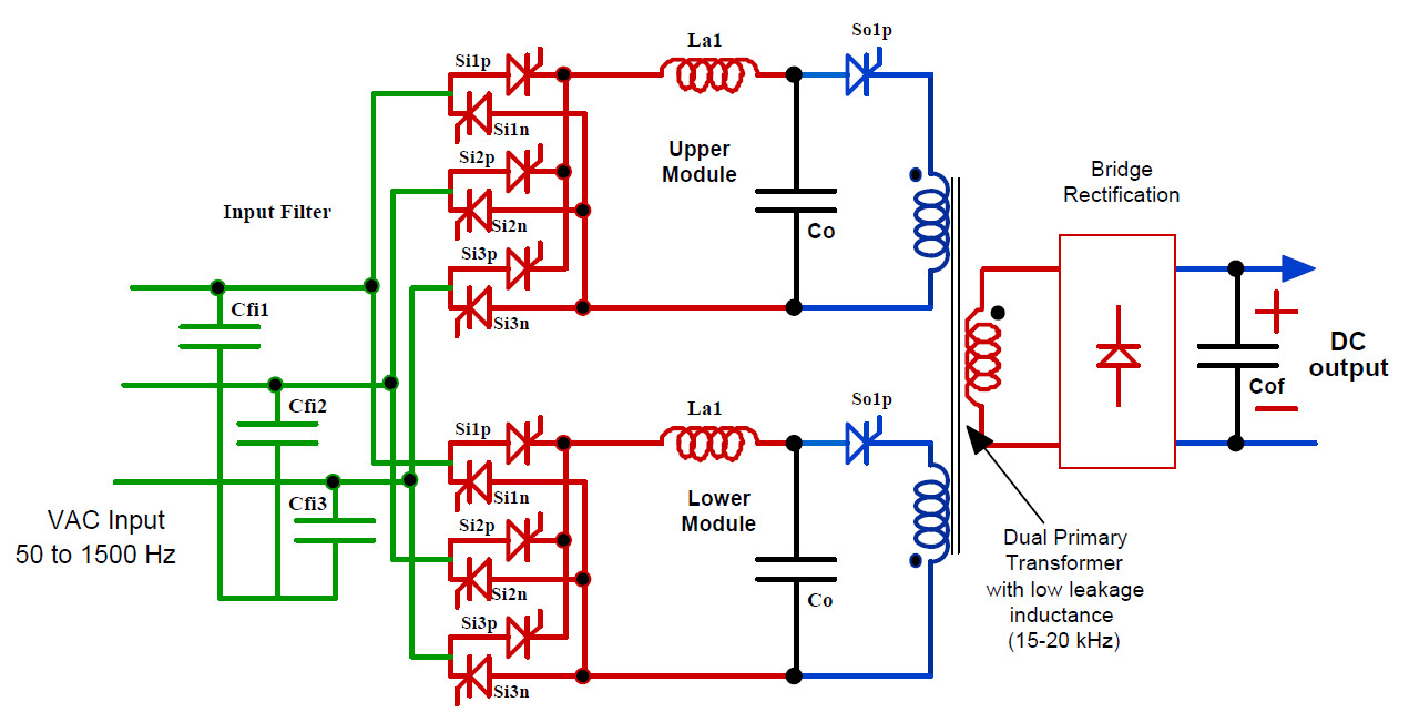 Simplified circuit diagram for 250kW heliborne laser weapon. 480V, 60Hz, 3 phase input, -50kVDC output